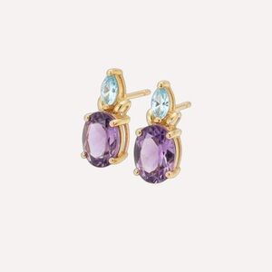 10K Gold Purple Amethyst Blue Aquamarine Stud Earrings